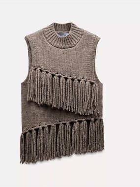 Zara  Taupe Fringe Knit Sleeveless Sweater
